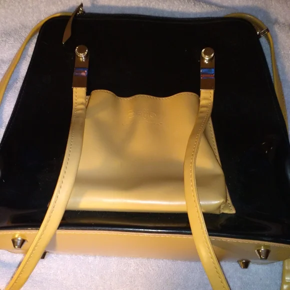 Beijo Purse Luxe Convertible Backpack Black Patent with Tan Straps